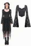Phantom Butterfly - Gothic Dark Heart-Neck All-Over Lace Bell-Sleeve Slim Top TW689