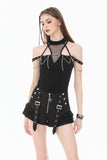 Dark Techwear Mesh Cut-out Cold-Shoulder Chain Cross Halter Top TW700