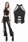 Punk Halter Crop Top with Silver Cross Ornament and Double Buckled Waist TW701