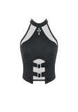 Punk Halter Crop Top with Silver Cross Ornament and Double Buckled Waist TW701