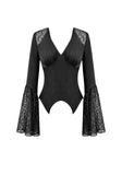 Gothic Deep V-Neck Top with Lace-Paneled Shoulders and Dramatic Flare Sleeves TW702
