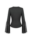 Gothic Deep V-Neck Top with Lace-Paneled Shoulders and Dramatic Flare Sleeves TW702