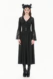 Gothic Deep V-Neck Top with Lace-Paneled Shoulders and Dramatic Flare Sleeves TW702