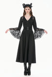 Gothic Deep V-Neck Top with Lace-Paneled Shoulders and Dramatic Flare Sleeves TW702