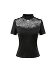 Gothic Black Short Sleeve Top with Sheer Spiderweb Mesh and Silver Spider Ornament TW703