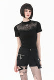 Gothic Black Short Sleeve Top with Sheer Spiderweb Mesh and Silver Spider Ornament TW703