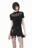 Gothic Black Short Sleeve Top with Sheer Spiderweb Mesh and Silver Spider Ornament TW703