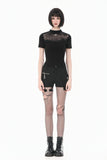 Gothic Black Short Sleeve Top with Sheer Spiderweb Mesh and Silver Spider Ornament TW703