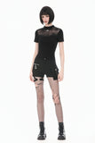 Gothic Black Short Sleeve Top with Sheer Spiderweb Mesh and Silver Spider Ornament TW703