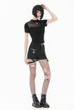 Gothic Black Short Sleeve Top with Sheer Spiderweb Mesh and Silver Spider Ornament TW703