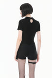 Gothic Black Short Sleeve Top with Sheer Spiderweb Mesh and Silver Spider Ornament TW703