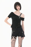 Punk Asymmetric Top with Studded Cross Straps and Sheer Mesh Insets TW705