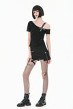 Punk Asymmetric Top with Studded Cross Straps and Sheer Mesh Insets TW705