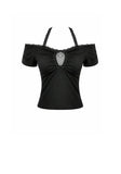 Gothic Dark Cutout Cross Gem Lace Halter Slim Knit Top TW709