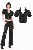 Goth Punk Cross-Zip Buckled Waist Ruffle Puff Sleeve Crop Top TW710
