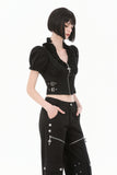 Goth Punk Cross-Zip Buckled Waist Ruffle Puff Sleeve Crop Top TW710