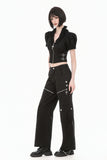 Goth Punk Cross-Zip Buckled Waist Ruffle Puff Sleeve Crop Top TW710