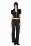 Goth Punk Cross-Zip Buckled Waist Ruffle Puff Sleeve Crop Top TW710