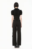 Goth Punk Cross-Zip Buckled Waist Ruffle Puff Sleeve Crop Top TW710