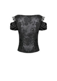 Gothic Court-Style Top with Damask Jacquard, Lace Trim, 3D Roses and Cinched Waist TW711