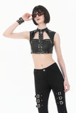 Punk Tech-Wear Crop Top in Matte Leather with Multi-Zippers, Rivets  TW712