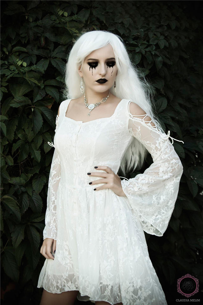 Gothic ghost cocktail lace dress with button row DW053WH – Gothlolibeauty