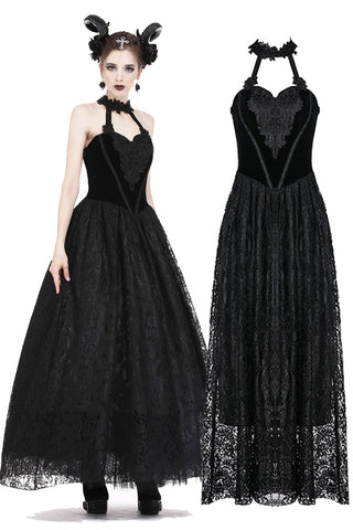 Gothic noble velvet lace long dress with hearted flower design DW187 - Gothlolibeauty