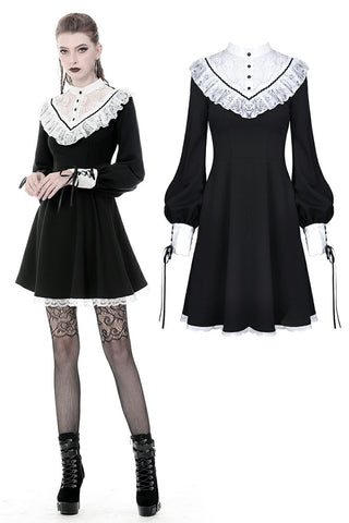 Ladies black lolita dress with white inverted triangle lace front  DW355 - Gothlolibeauty