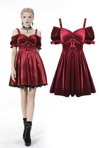 Gothic lady off shoulder velvet wine red party dress DW541RD