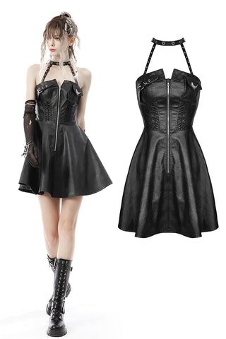 Punk cool bag-chest leatherette halter dress DW652