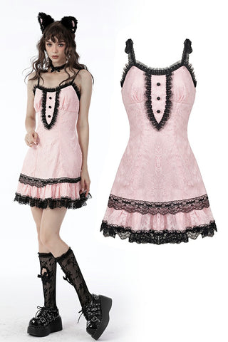 Sexy pink doll lace button-up front strap dress DW665