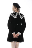 Lace-trim doll neck button long velvet jacket JW233