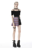 Punk purple checked splicing black pleated short skirt KW175 - Gothlolibeauty