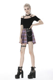 Punk purple checked splicing black pleated short skirt KW175 - Gothlolibeauty