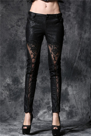 Gothic embossed lace leather pants with sexy flower and cords PW078 - Gothlolibeauty