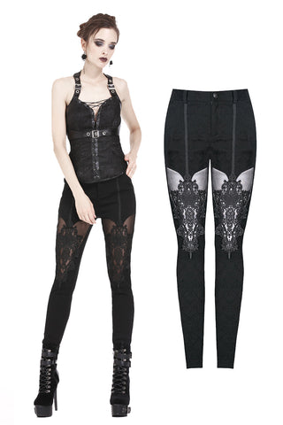 Gothic patterned pants with hollow-out flower design on thigh PW087 - Gothlolibeauty