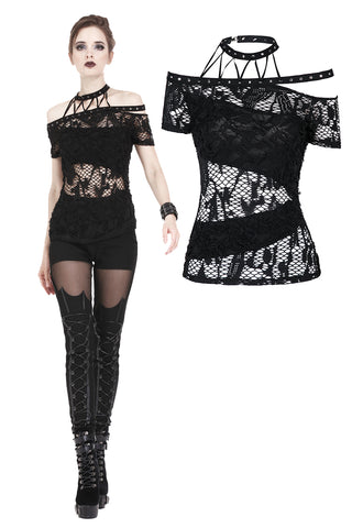 Punk messy net T-shirt with asymmetric rope desgin TW156 - Gothlolibeauty