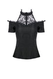 Gothic off-the-shoulder patterned T-shirt with lace and button row on top TW168 - Gothlolibeauty