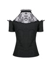 Gothic off-the-shoulder patterned T-shirt with lace and button row on top TW168 - Gothlolibeauty