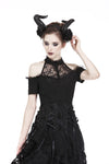 Gothic off-the-shoulder patterned T-shirt with lace and button row on top TW168 - Gothlolibeauty