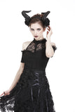 Gothic off-the-shoulder patterned T-shirt with lace and button row on top TW168 - Gothlolibeauty