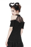 Gothic off-the-shoulder patterned T-shirt with lace and button row on top TW168 - Gothlolibeauty