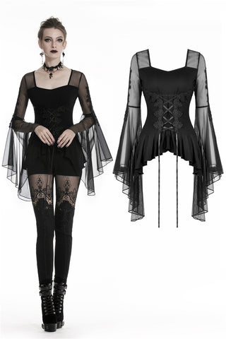 Gothic lace up T-shirt with big mesh flower sleeves TW219 - Gothlolibeauty