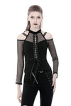 Punk lace-up front off-shoulders T-shirt with net long sleeves TW245 - Gothlolibeauty