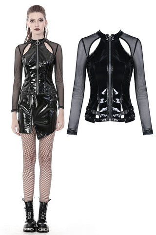 Punk shinning PU zippered Top with sexy net sleeves TW248 - Gothlolibeauty